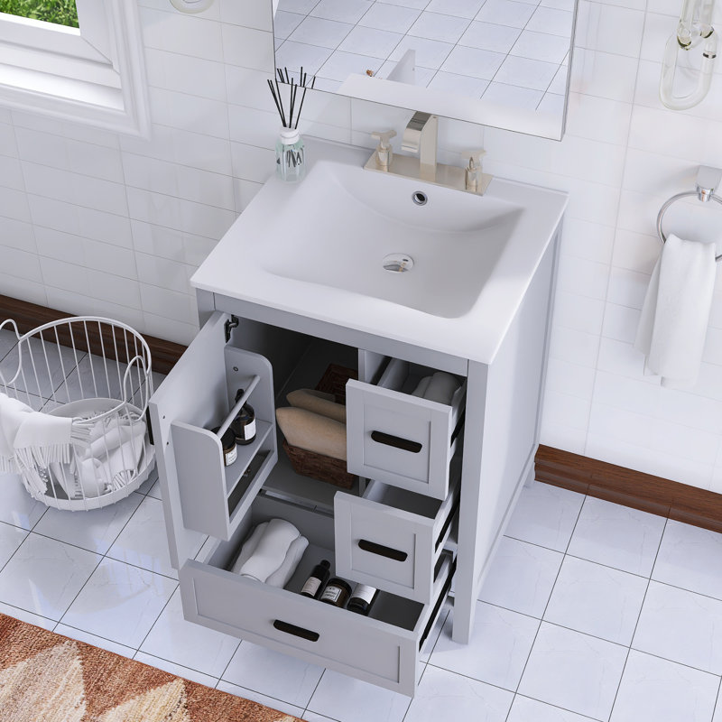 Meuble-lavabo simple autoportant 24 po avec plateau intégré en céramique blanche 24 po, Gris
