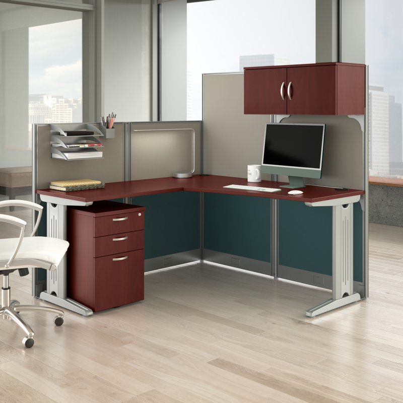 Office In An Hour L-Shaped 1 Person Cubicle with Cable Management, Hansen Cherry
