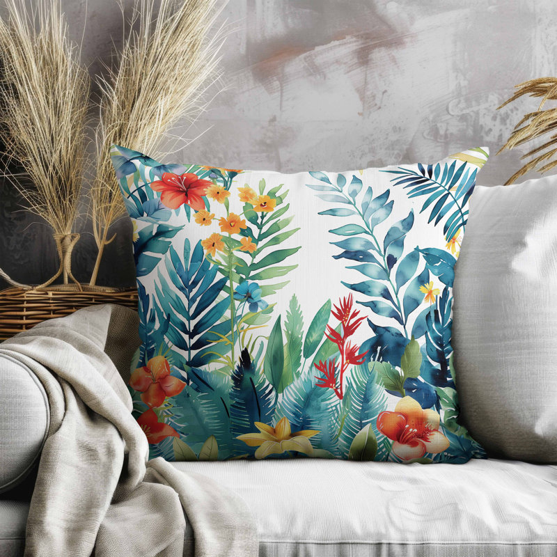 Rainforest Dream Faux Suede Pillow, Square 16", Bleu / Vert / Orange