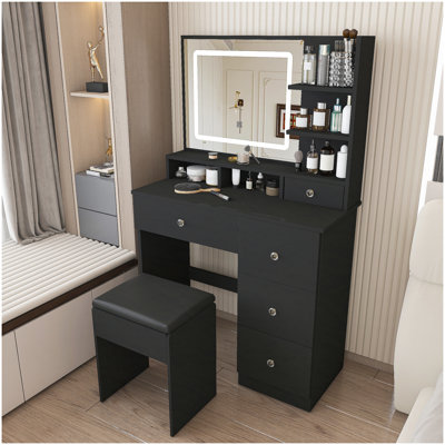 Bureau de coiffeuse Fashion avec miroir et éclairage tricolore, avec un support de rangement ouvert et 5 tiroirs, avec support pour sèche-cheveux, prise de courant et tabouret, noir