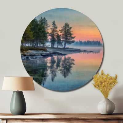 Coucher de soleil à l'aube, lac d'été, art mural rond en métal