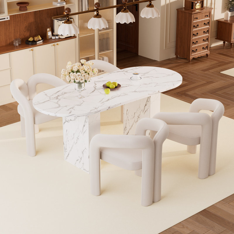 Ensemble de table de salle à manger 62,9 pouces, Blanc, 5 pièces: table, 4 chaises, Beige