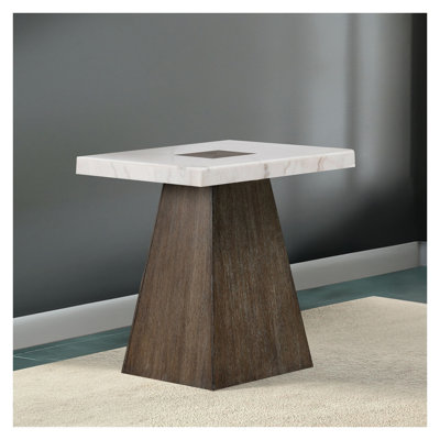 Table de bout carrée contemporaine avec plateau en marbre et base en bois d'hévéa noyer foncé