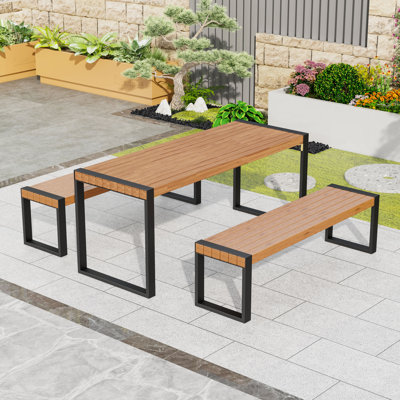 Modern 3-Piece Indoor Outdoor Acacia Wood Dining Table Set with Two Benches and Steel Base