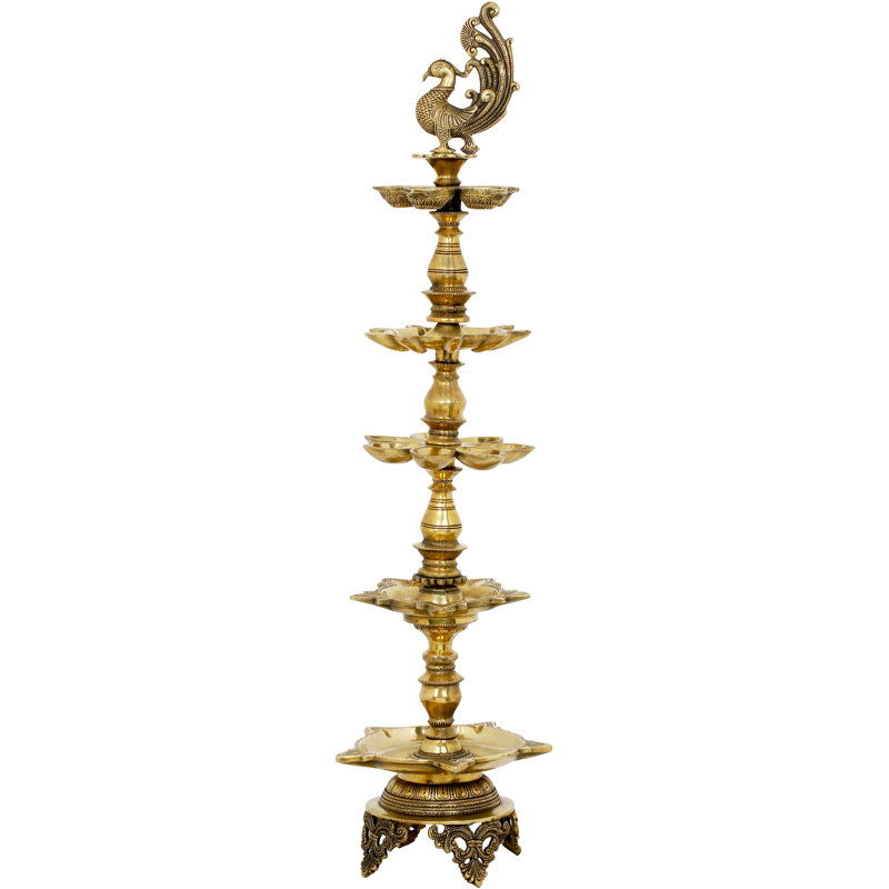 Grande lampe à huile en forme de paon en laiton faite à la main avec paon de 37 pouces - grand temple Diya avec 31 flammes, décor indien symbolique et accent de Puja