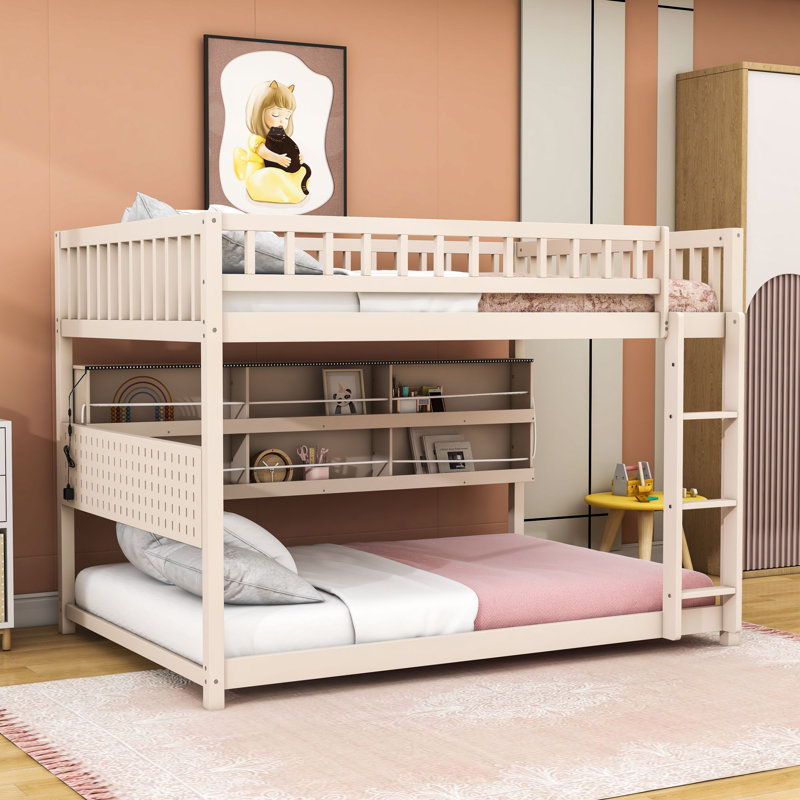 Lit superposé double en bois avec tablettes de rangement, Beige
