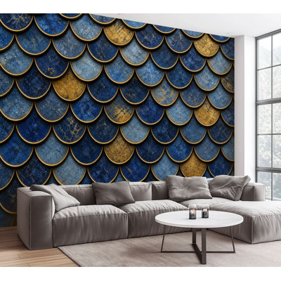 Wall Mural Peel and Stick Wallpaper Blue Gold Scallop Scale Metallic Tile Design Self-Adhesive Removable Contact Paper Wall Decor for Living Room Bedroom 100"H x 144"W