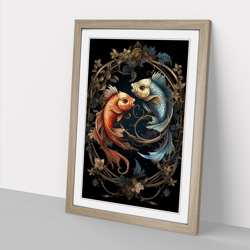 Pisces Fish Zodiac Classicism - Single Picture Frame Print on Wood, 46cm H x 34cm W x 2cm D, Oak Framed