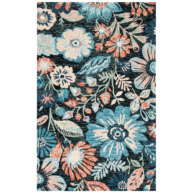 Lonie Hand Tufted Wool/Cotton Floral Rug in Blue/Charcoal, Rectangle 3' x 5'