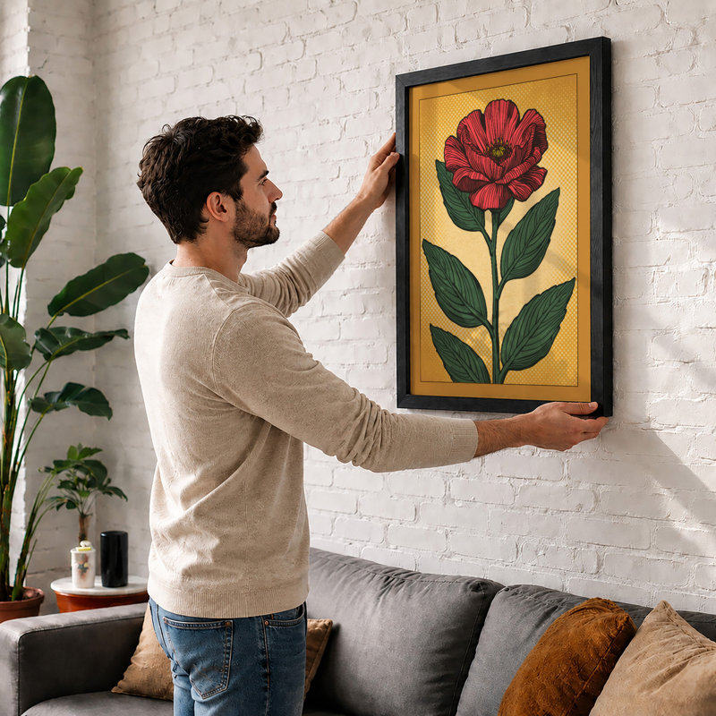 Single Stem in Crimson Botanical - Framed Print, A2 - 59.4 x 42.0 cm, White
