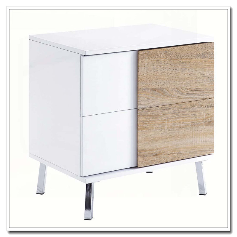 Table de bout blanche brillante et naturelle avec 2 tiroirs