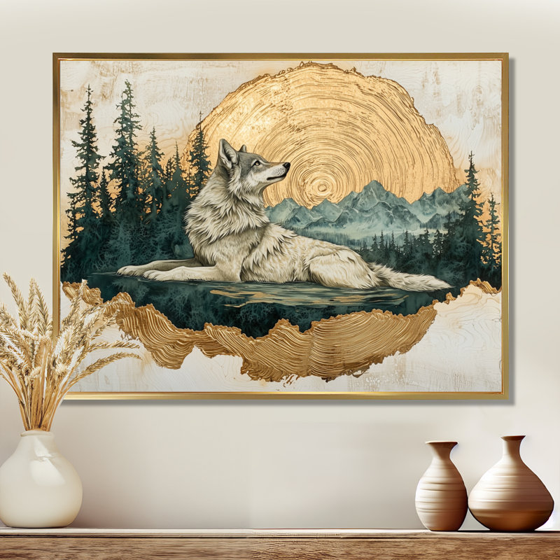 Loup, échos de l'Alpha III - loup, art mural, H 30 po x l 40 po, Impression encadrée flottante, Doré