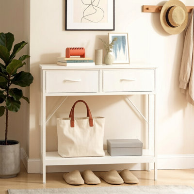 2 Fabric Drawers White Console Table with Open Shelf & Shoes Storage — Slim Entryway Table for Hallway, Living Room, Bedroom & Foyer