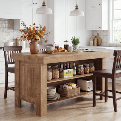 Wood Kitchen Island With Storage Shelf, 55.12" Farmhouse Kitchen Prep Table For Dining Room