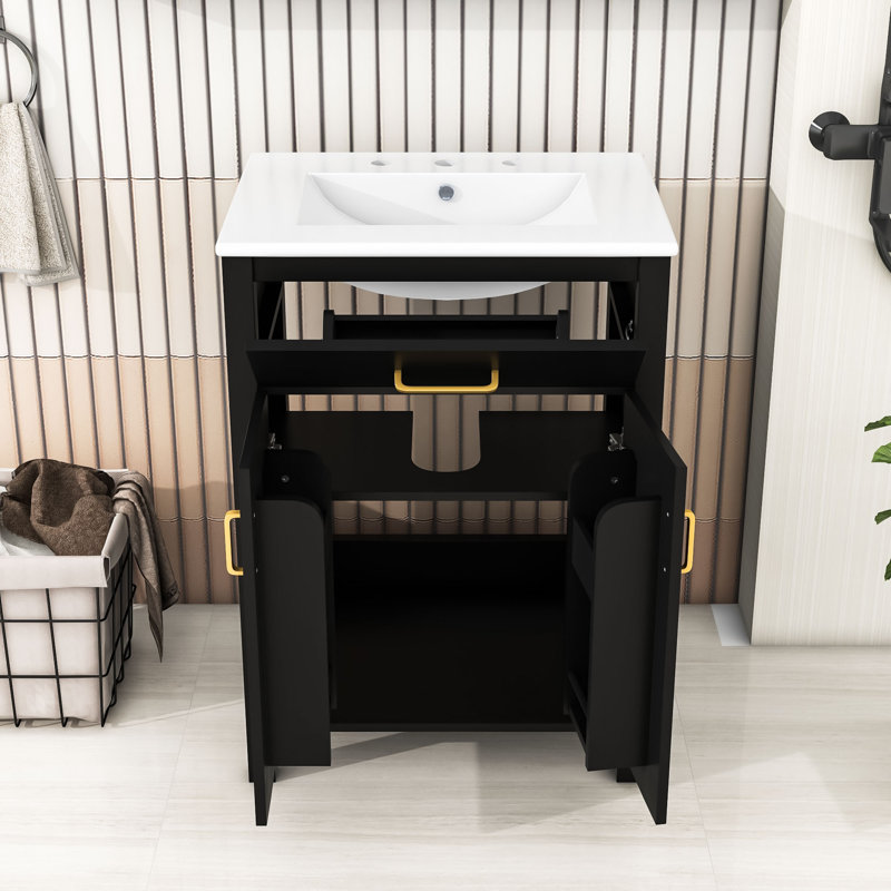 Meuble-lavabo pour salle de bain avec lavabo en céramique, tiroir, armoire de rangement et tablette, Noir