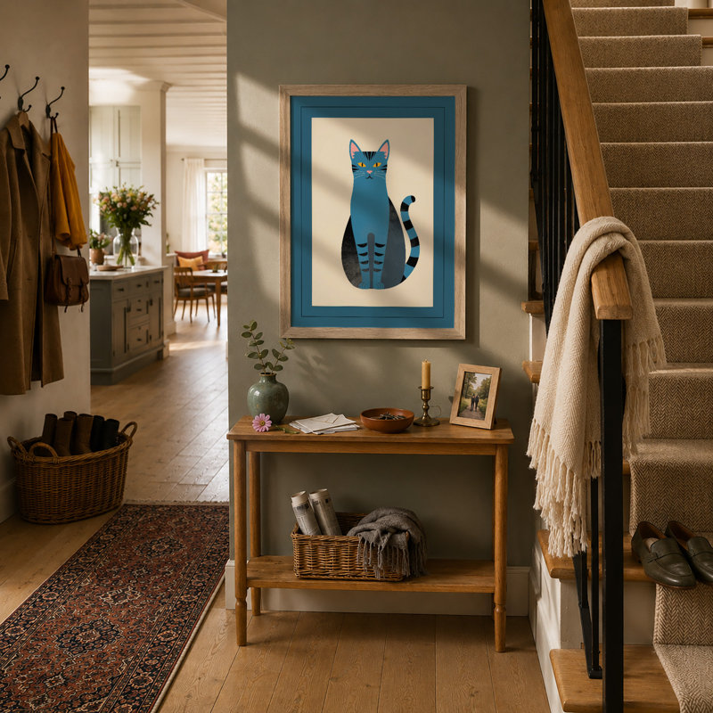 Geometric Blue Cat Mid-Century - Framed Print, A2 - 59.4 x 42.0 cm, Oak