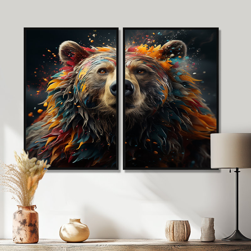 Ours grizzly multicolore Grace - animaux 2 impressions sur toile, Noir, H 36 po x l 48 po, Impression encadrée flottante