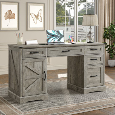 Deanjelo 57" Farmhouse Computer Desk with Outlet and 5 Drawers&Filing Cabinet,Large Storage Cabinet for Home Office