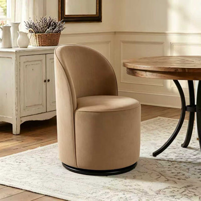 Set Of 1 Upholstered Kitchen & Dining Room Barrel Chair, Mid Century Modern Round Velvet Dining Chair, 360 Degree Swivel Comfy Armless Accent Makeup Vanity Side Chair for Bedroom Living Room