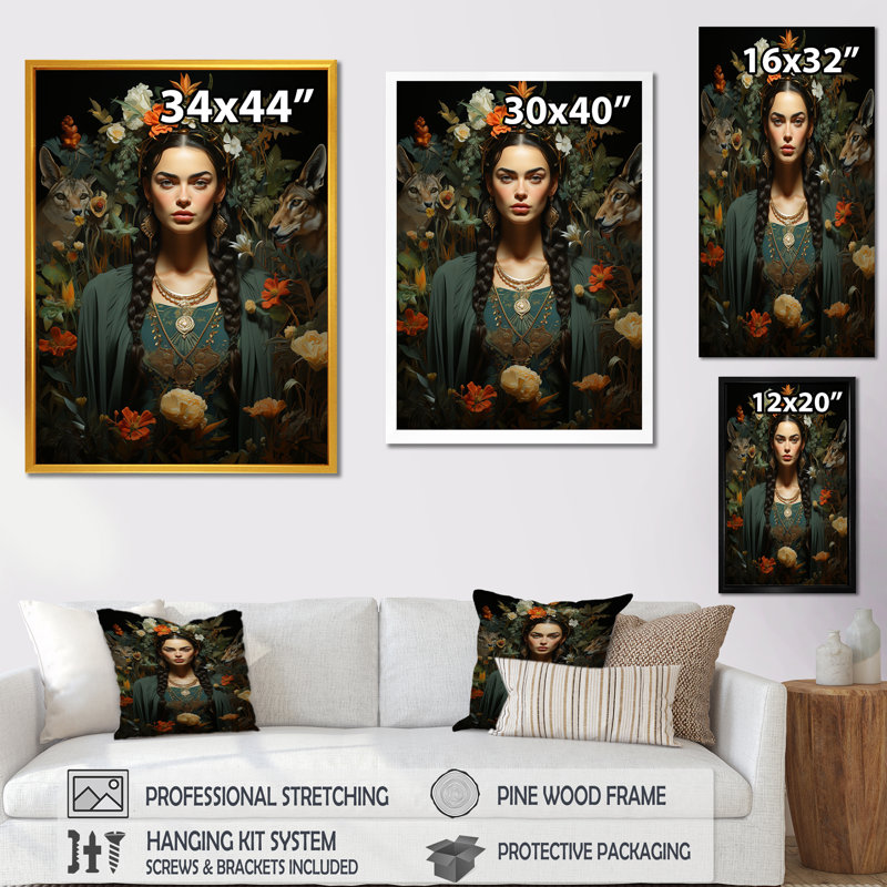Portrait de muse verte mexicaine I, Cadre simple noir, H 44 po x l 34 po x P 1,5 po