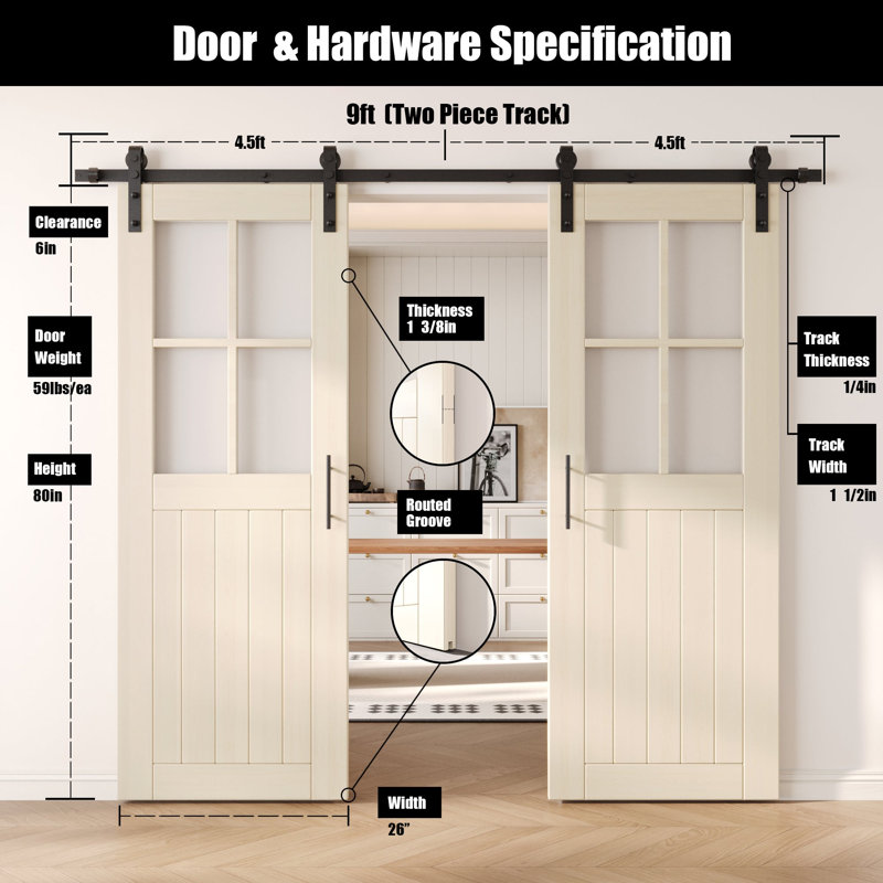 Homacer Tinsmith Grey Double 26in x 80in Half Lite Grid Frosted Glass Unassembled & Finished Barn Doors with Non-Bypass Installation Hardware Kit, 9ft track, interior use only