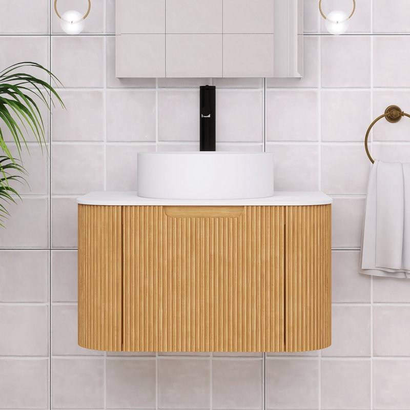 Meuble-lavabo simple mural 24 po avec comptoir en marbre artificiel et vasque en céramique, Bois naturel