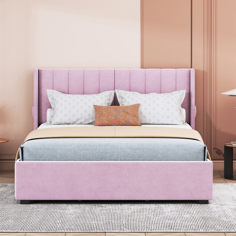 Upholstered Bed With 4 Drawers, Queen, Pink