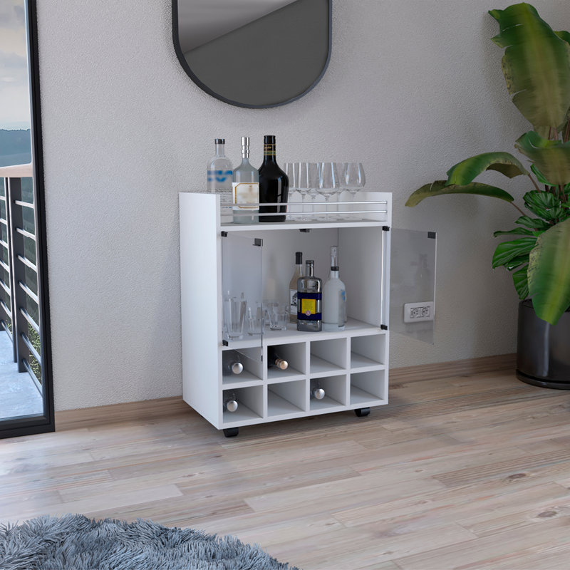 Chariot-bar avec support intégré pour 8 bouteilles, armoire à double porte vitrée et surface supérieure bordée d'aluminium