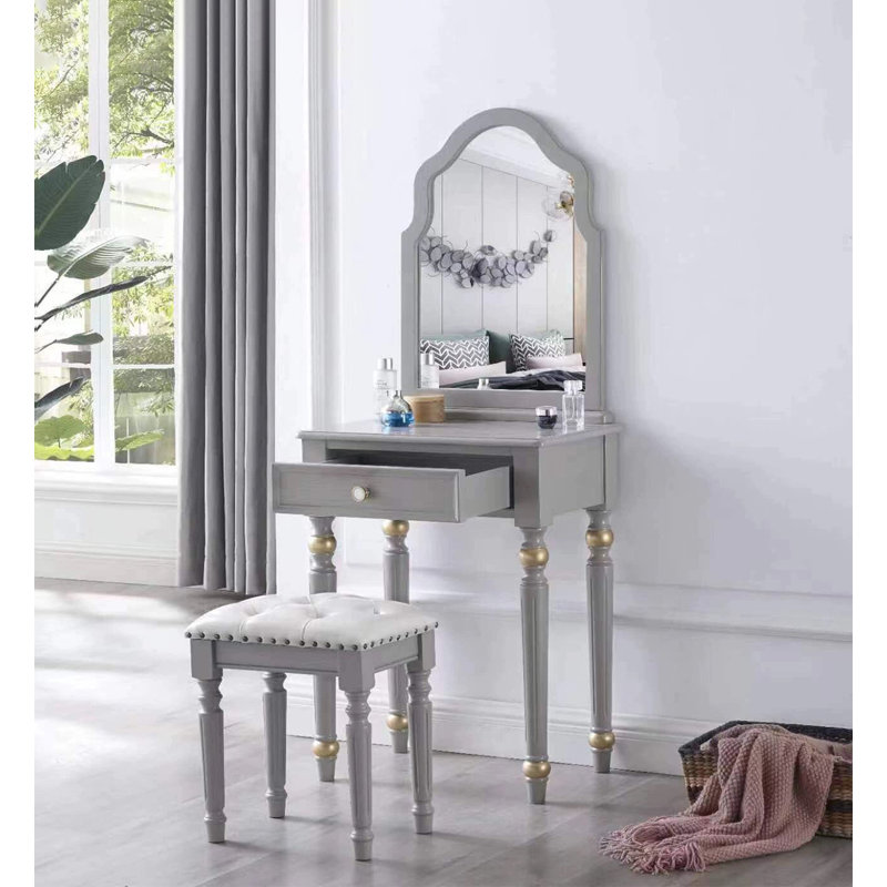 Ensemble de coiffeuse en bois gris avec miroir arqué et tabouret rembourré