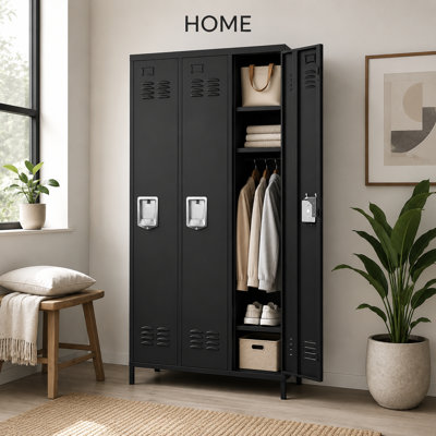 Wide-Door 3-Cube Metal Storage Locker, 72" Tall Lockable Cabinet with Recessed Lift Handles, Ventilation Slots & Anti-Tip Wall Anchor, Black