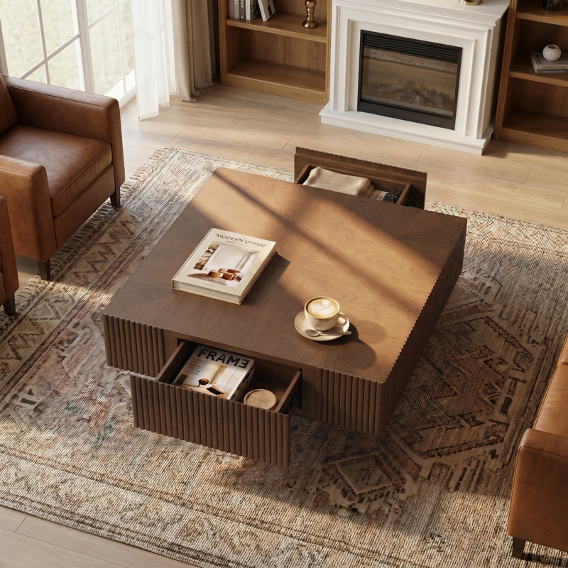 Modern Coffee Table, 2-Drawer Square Living Room Coffee Table With Solid Wood Top, Brown, 13.67" H x 31.5" L x 31.5" W