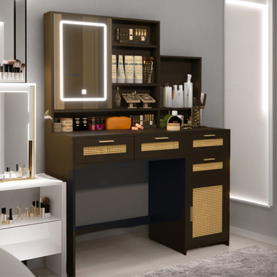 Rattan Vanity, Makeup Vanity Desk With Mirror And Adjustable LED Light, 4 Drawers & 1 Cabinet -  iYofe, ORG9-GIP160482W2227-VanityDeskB