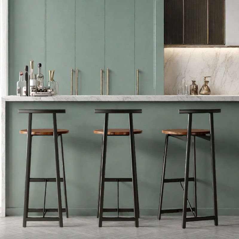 Set Of 3 Bar Stools With Backrest, Footrest And Metal Frame