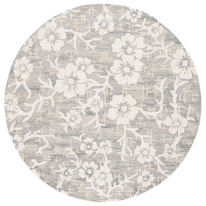 Sirish Hand Tufted Wool/Viscose/Cotton Floral Rug in Ivory/Gray, Round 6'
