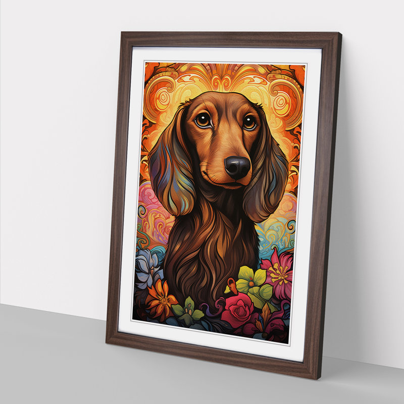 Dachshund Nouveau Framed Print, 34cm H x 25cm W x 2cm D, Walnut Framed