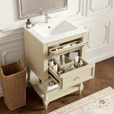 Meuble-lavabo de 20 po avec lavabo en céramique, armoire de rangement pour salle de bain avec tablette ouverte, armoire de salle de bain rétro avec 2 tiroirs