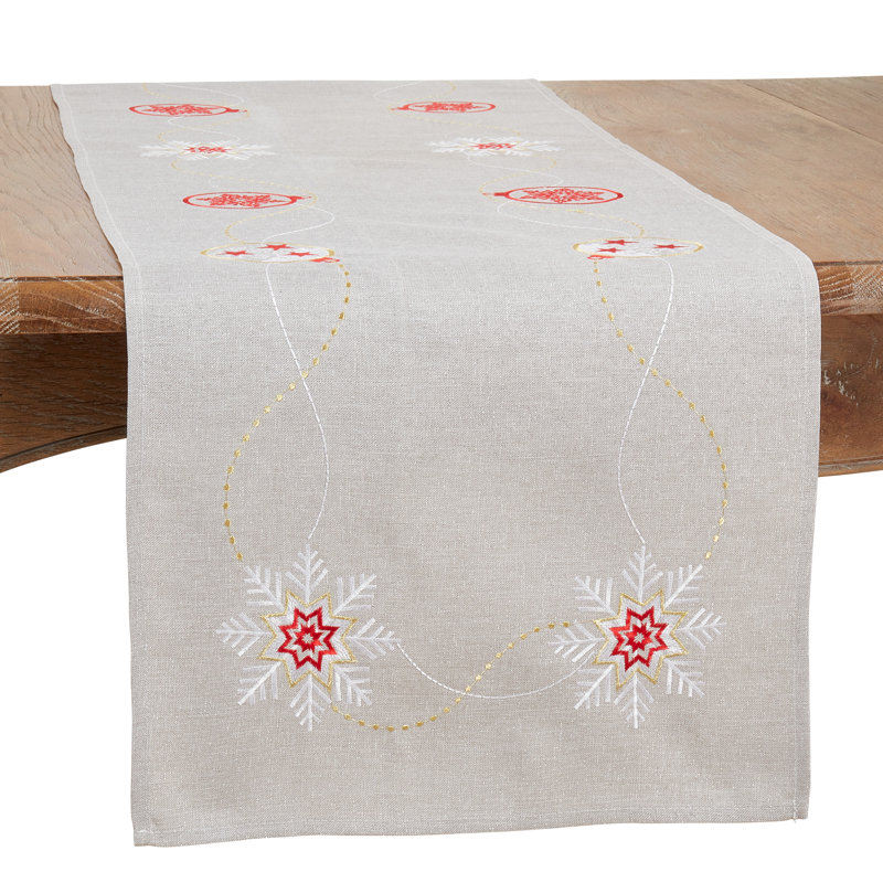 Silver Embroidered Ornaments Holiday Table Runner