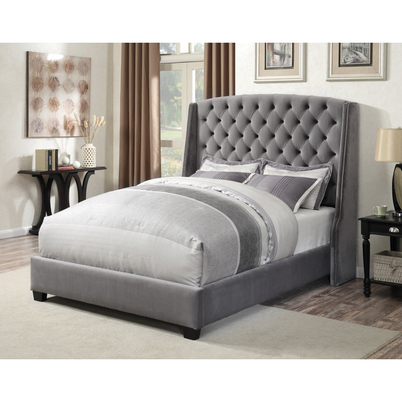 Lit tapissier gris Mayrin, Double
