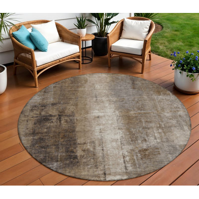 8' Brown And Ivory Round Abstract Washable Indoor Outdoor Area Rug