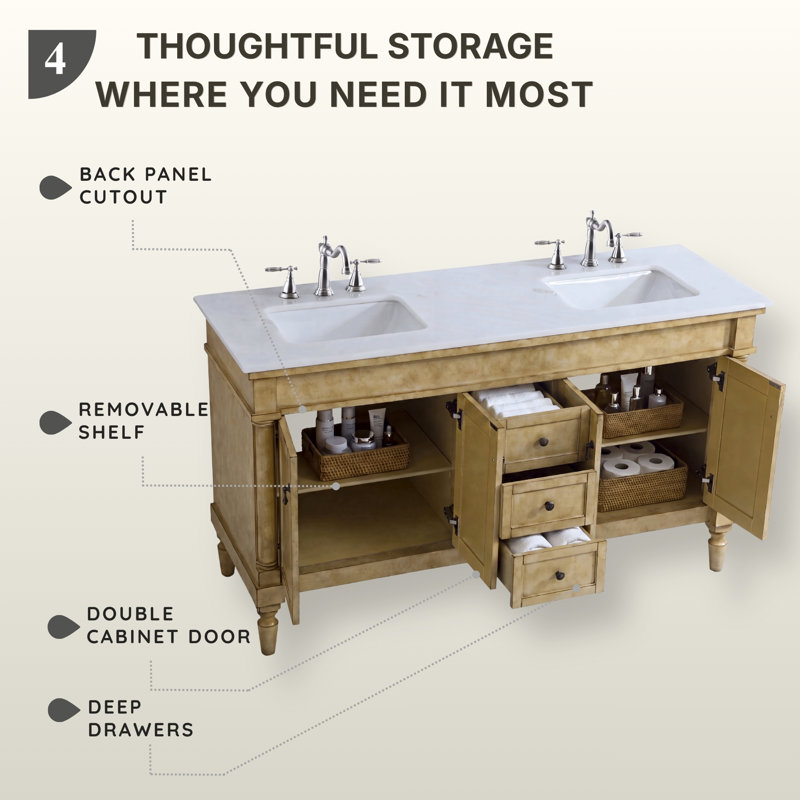 Caitlin 60'' Double Bathroom Vanity with Top, Antique Beige, White and Brown Vein