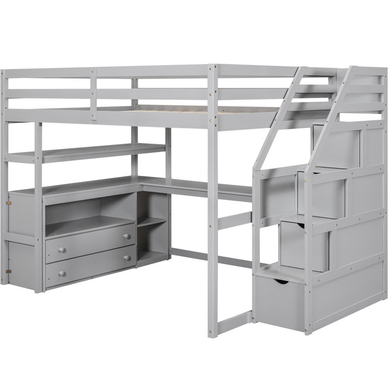 Lit mezzanine double avec bureau, tablettes et escalier