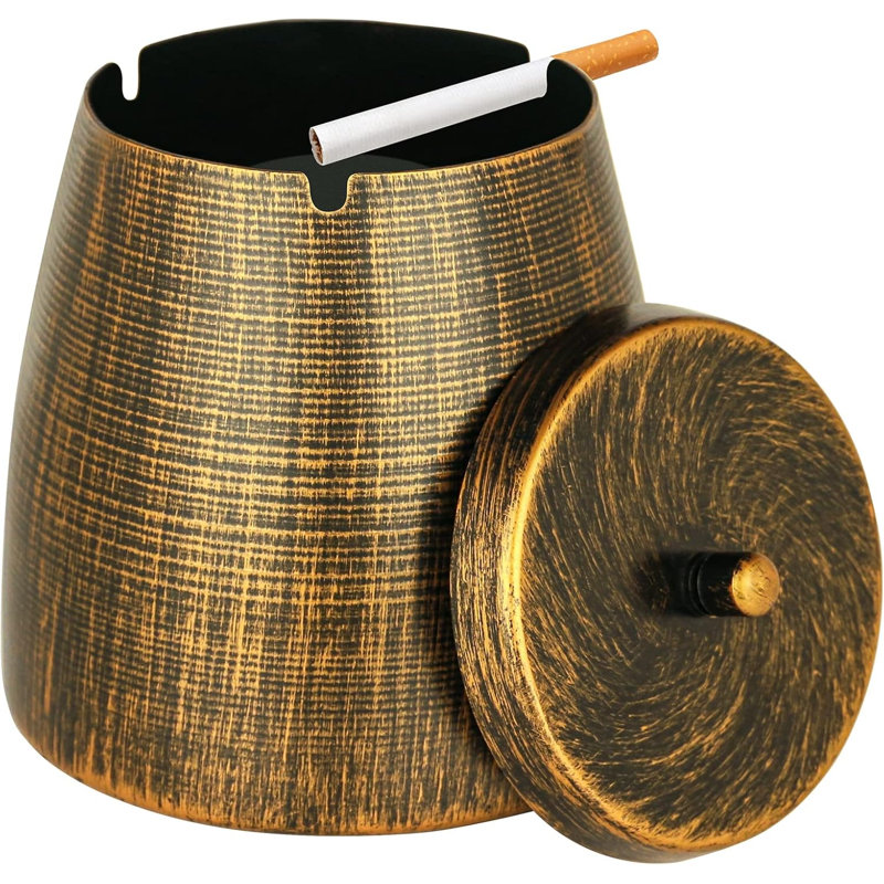 Cendrier d'extérieur avec couvercle, cendrier sans fumée pour cigarettes et cigares, pour l'intérieur et l'extérieur, cendrier rétro en métal résistant à la pluie et inodore, idéal pour la décoration de table sur une terrasse, à l'intérieur ou à l'extérieur (cuivre, très grand).