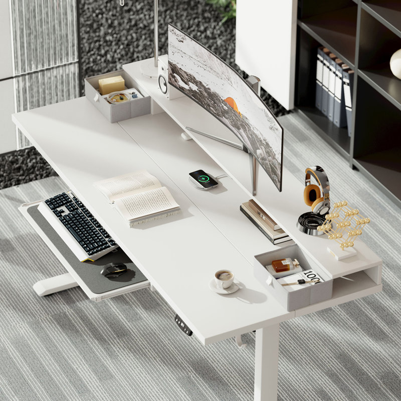 Bureau debout électrique 55 po avec 2 tiroirs et plateau à clavier, bureau à domicile ergonomique ajustable avec crochets pour jouer et travailler, blanc