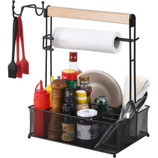 Barbecue barbecue, support de rangement pour barbecue pique-nique pour le camping Panier en maille avec 3 crochets et porte-serviettes en papier, outil de rangement de bureau idéal pour les camping-car