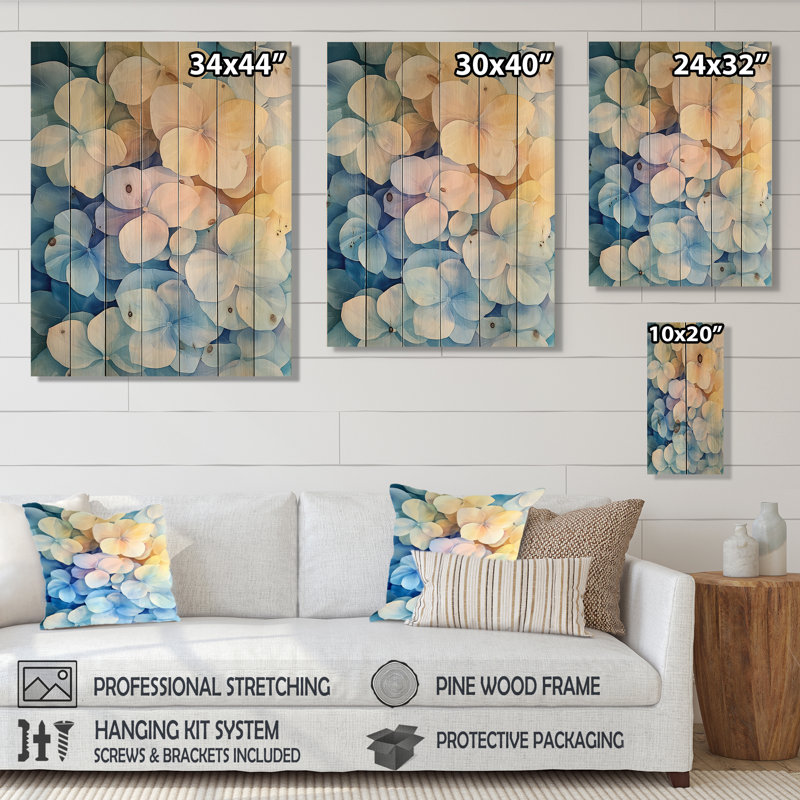 Hydrangée abstraite, horizon de simplicité I - impression d'hortensia sur bois de pin naturel, H 20 po x l 10 po x P 0,78 po