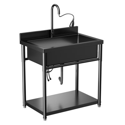 Black Heavy-Duty Freestanding Stainless Steel Utility Sink With Pull-Out Faucet &300 Lbs Load-Bearing Storage Shelf for Laundry Room