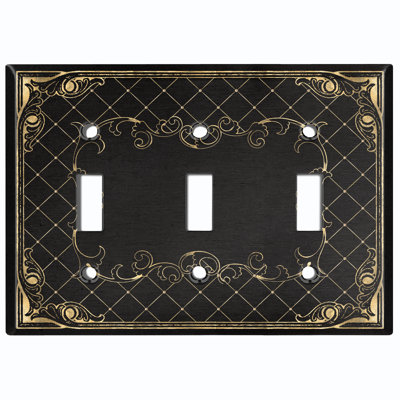 Metal Light Switch Plate Outlet Cover (French Victorian Frame Black 2 - Triple Toggle)