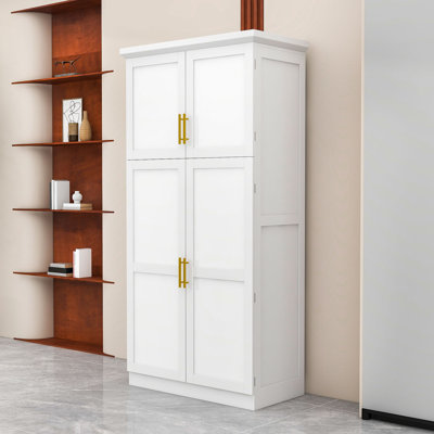 Freestanding Wooden Kitchen Pantry Cabinet with Adjustable Shelf, Pull-Out Trays and Safety Feature