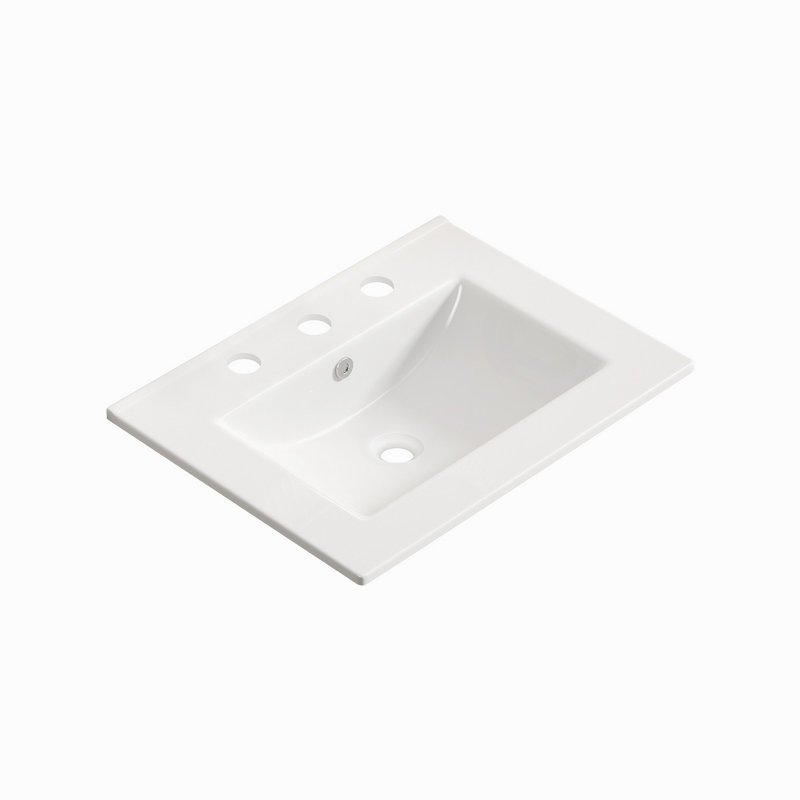 Lavabo vasque de salle de bain 24 po, comptoir de meuble-lavabo en céramique sans drain pratique pour ranger des objets personnels - blanc brillant - 3 trous