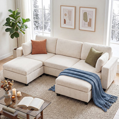 Canapé modulaire moderne en U réversible de 106 po de largeur avec 2 repose-pieds, port de charge, coussins d'accoudoir, poches latérales